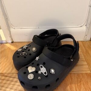 Womens Black platform Clogs with silver accessory charms